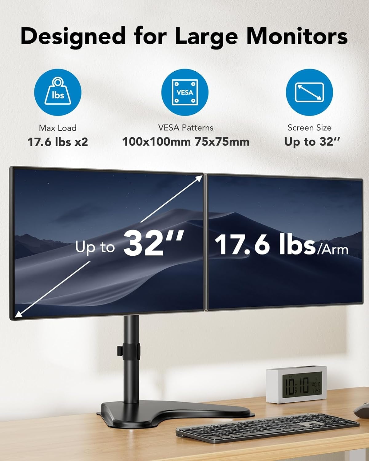 Dual Monitor Stand for Two 13-32 inch Flat Curved LCD Screens with Swivel, Tilt, Rotation & Height Adjustable Free St... - Image 2