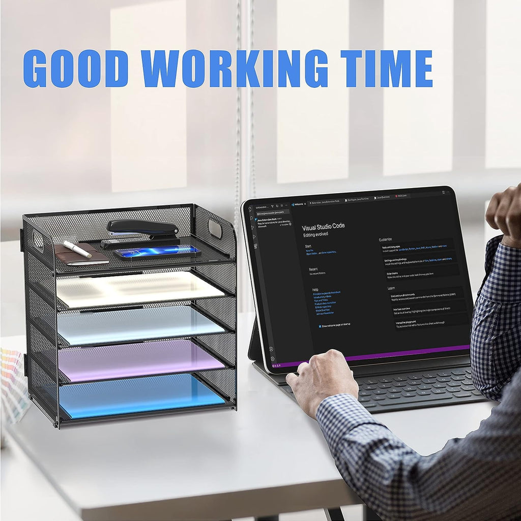 5 Paper Organizer with Handle - Mesh Desk File/Letter Organizer,Black Paper Sorter for Office, Home - Image 3