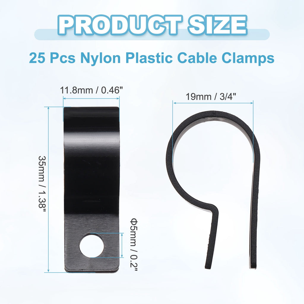 Uxcell Nylon Plastic Cable Clamps 3/4 Inch, 25 Pcs R-Type Wire Clips Clamps Fasteners for Cable Conduit Organizer Mounting, Black - Image 2