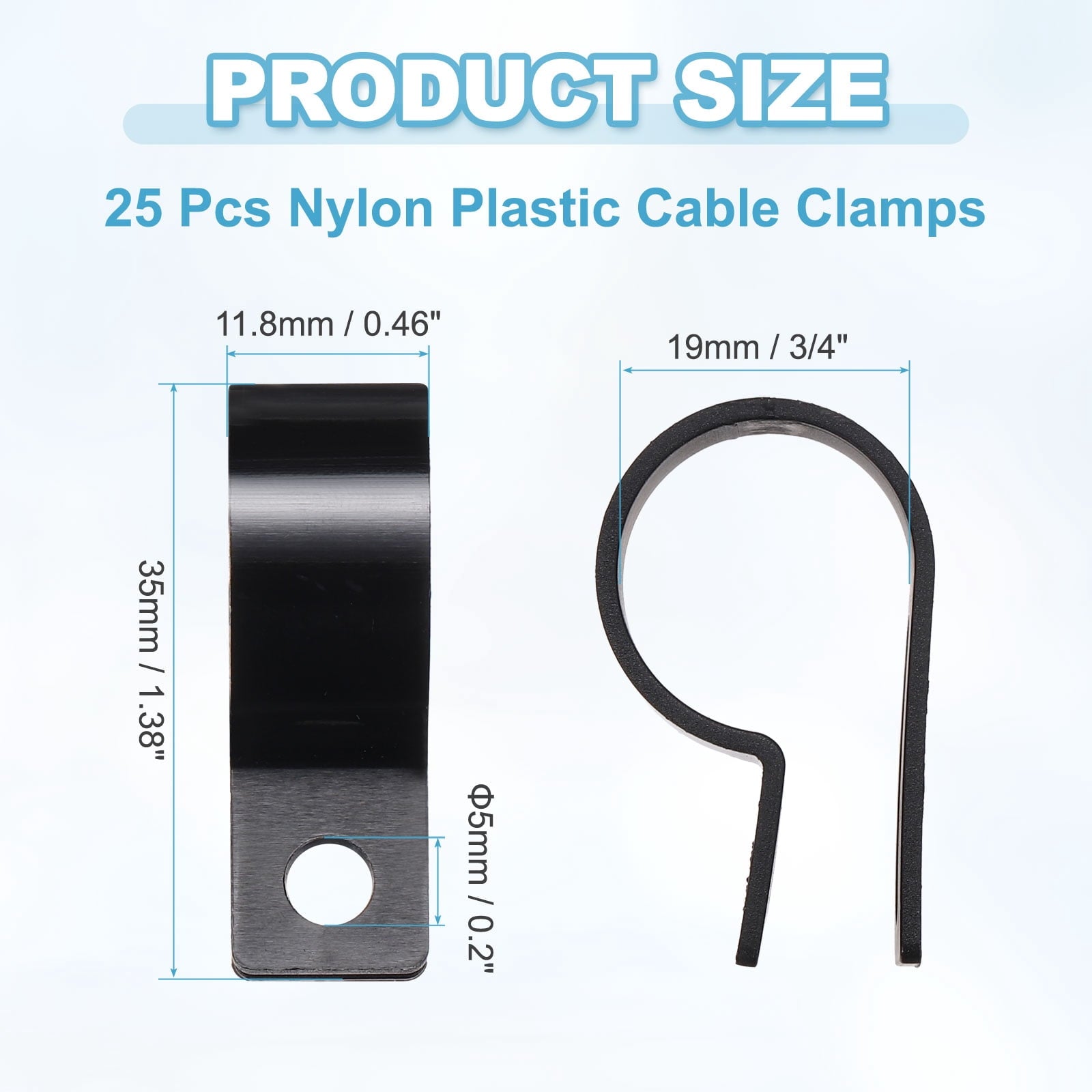 Uxcell Nylon Plastic Cable Clamps 3/4 Inch, 25 Pcs R-Type Wire Clips Clamps Fasteners for Cable Conduit Organizer Mounting, Black - Image 2