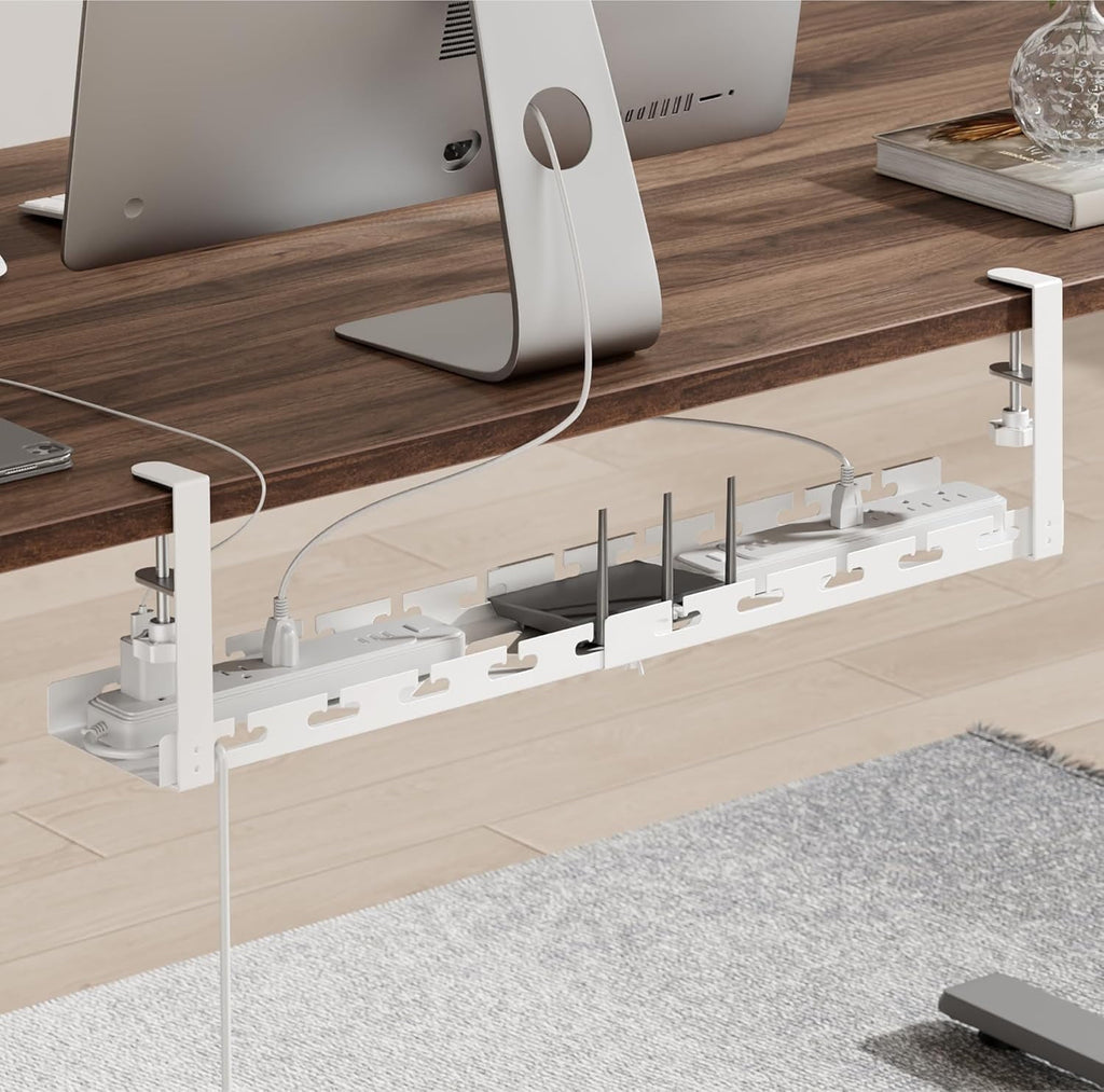 17"-28.7" Extendable Under Desk Cable Management Tray with Cable Slots Clamp On Cord Organizer White