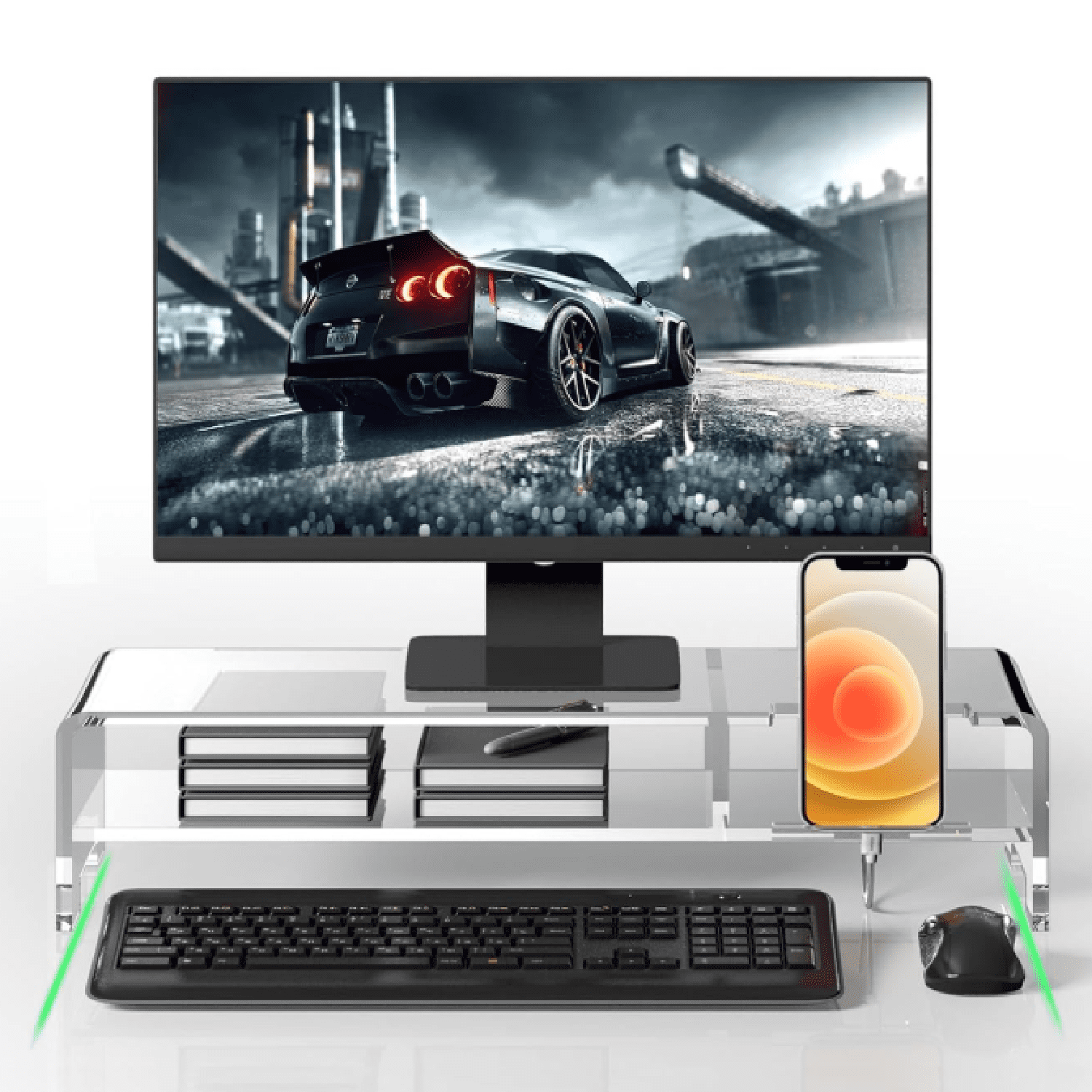 for Full Keyboard, 20" Wide 2-Tier Riser with Storage Shelf and Phone Holder, Desktop Organizer for Laptop, Printer, ...