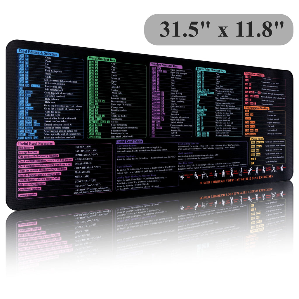 Excel Cheat Sheet Desk Pad, Large Office Excel Mouse Pad, Word/Window/PPT/Excel Shortcuts Cheat Sheet Desk Mat, PC Of...