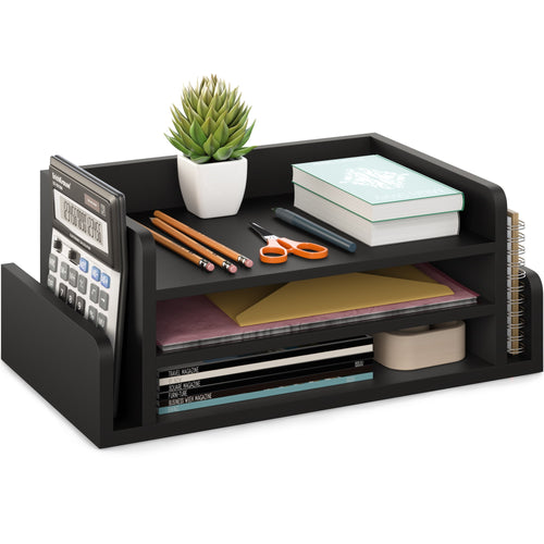 3-Tier Desk Organizer with 2 Side Mail Sorter Slots, Office Letter Tray, Black