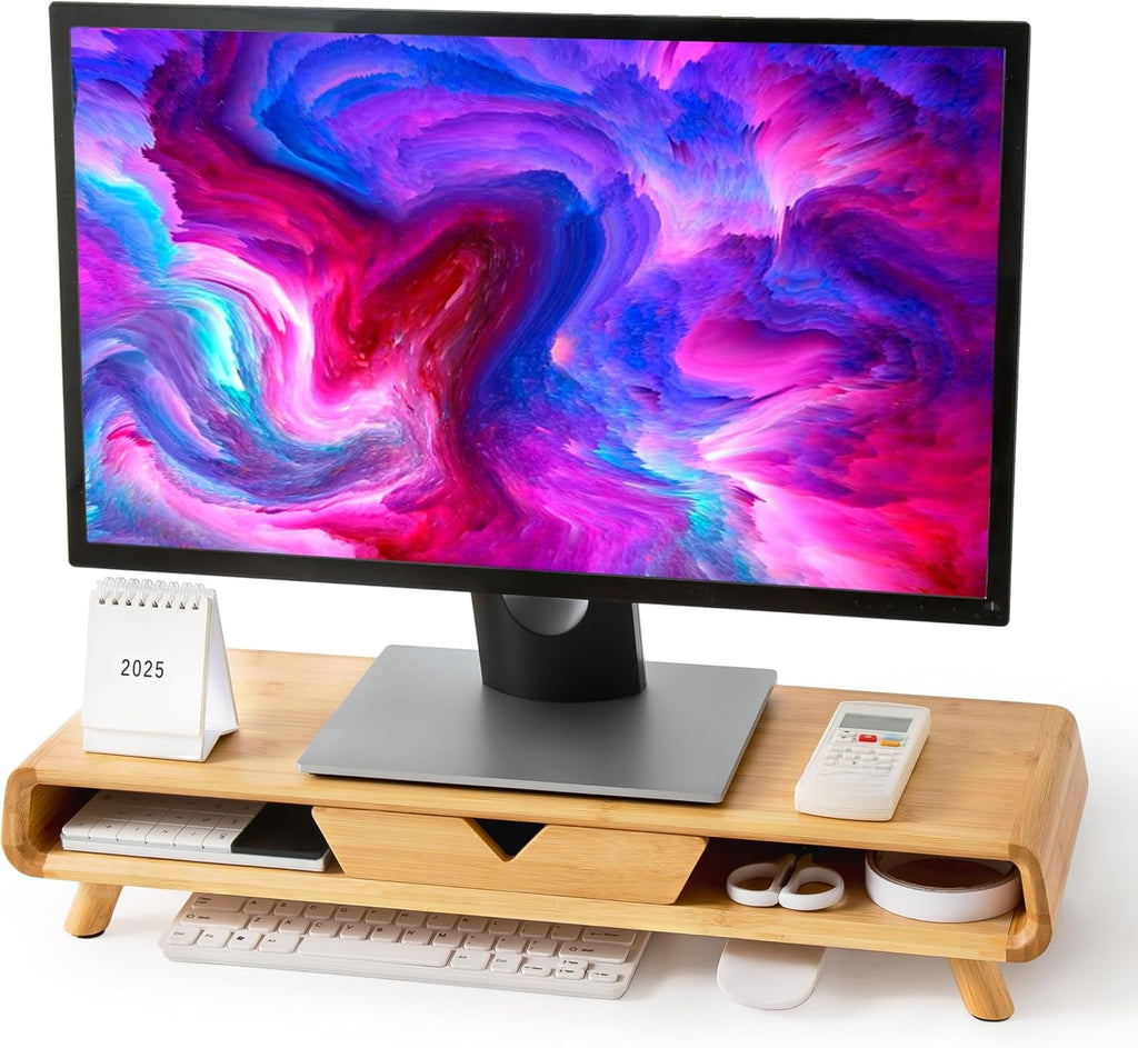 Bamboo monitor stand, no assembly required, exquisite monitor stand with drawer