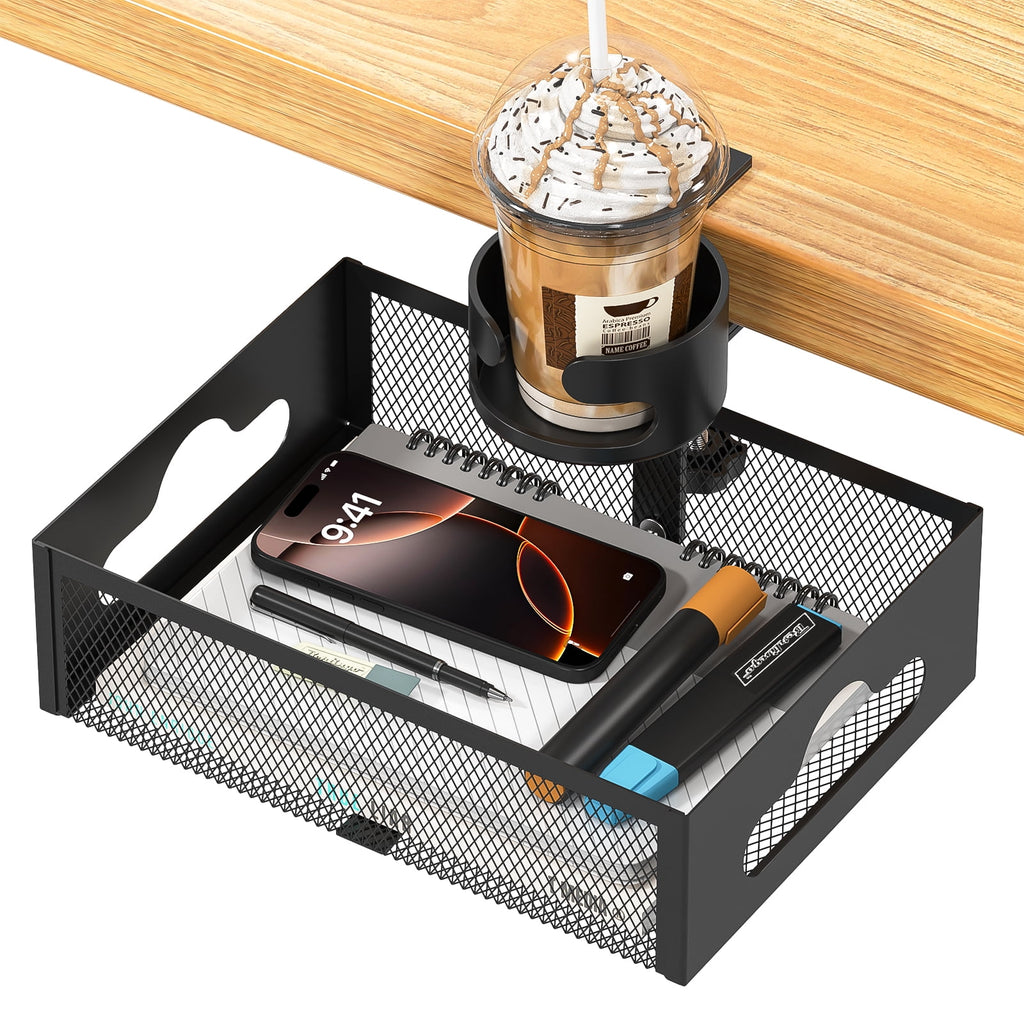 Bemico 360Rotation Under Desk Drawer Organizer with Cup Holder, Clamp-On Metal Large Under Table Storage Slide Out Caddy Drawer for Home & O