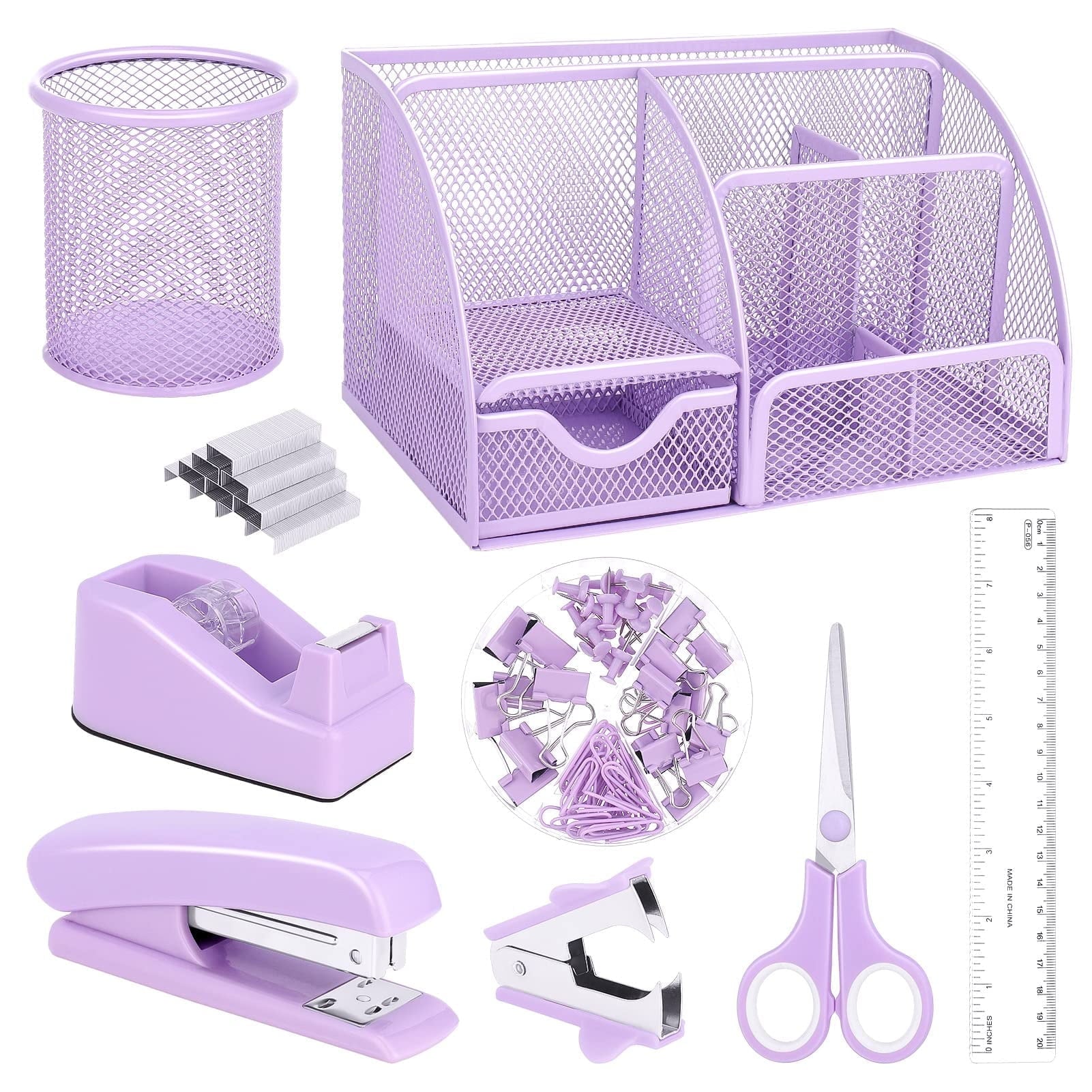 Desk Organizer and Accessories, Office Supplies 7 Compartments Desk Organizer with Stapler, Tape Dispenser, 1000 Stap...