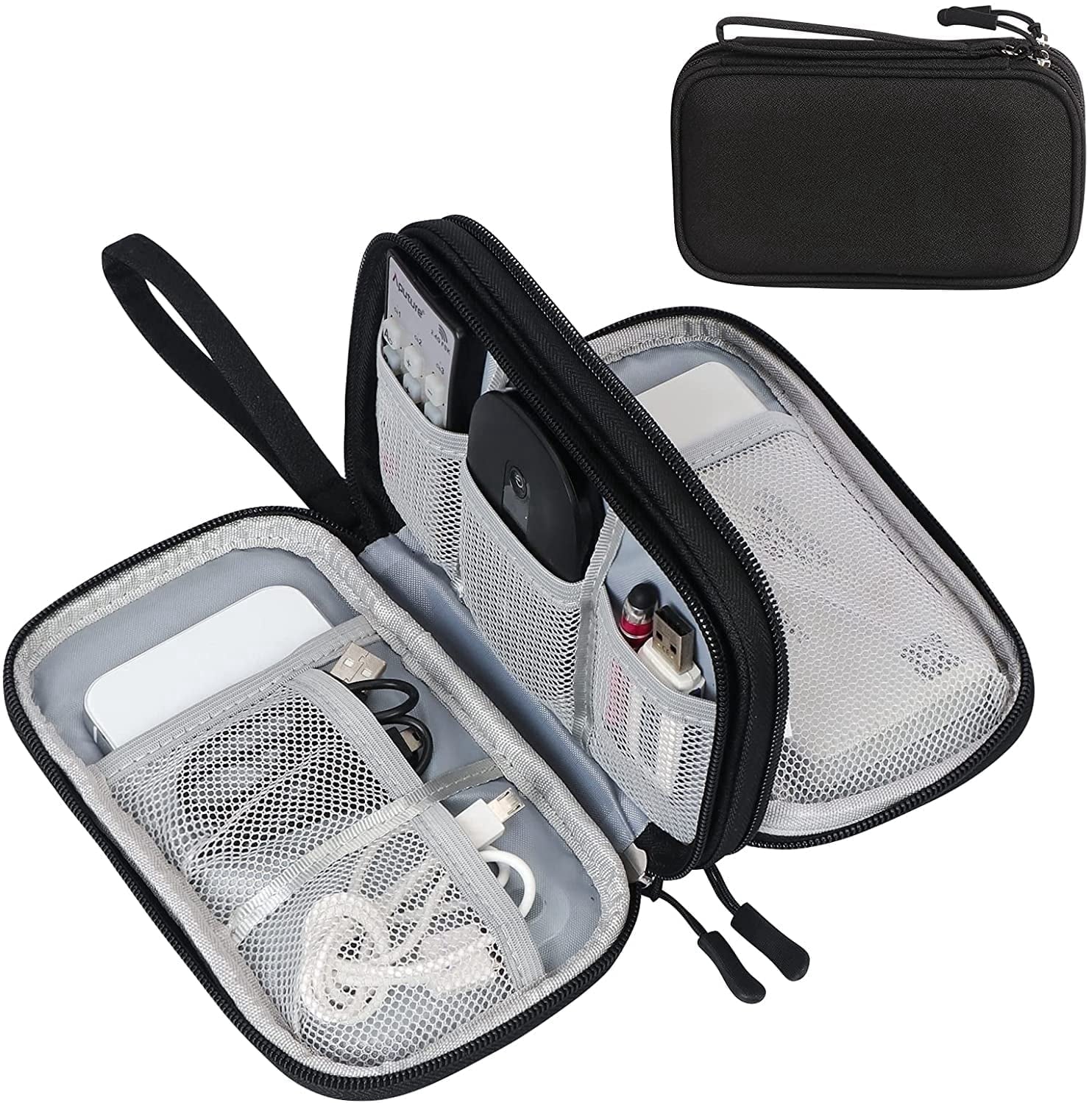 Black Travel Cable Organizer Pouch - Double Layer Electronic Accessories Case - Waterproof Portable Storage Bag for C...