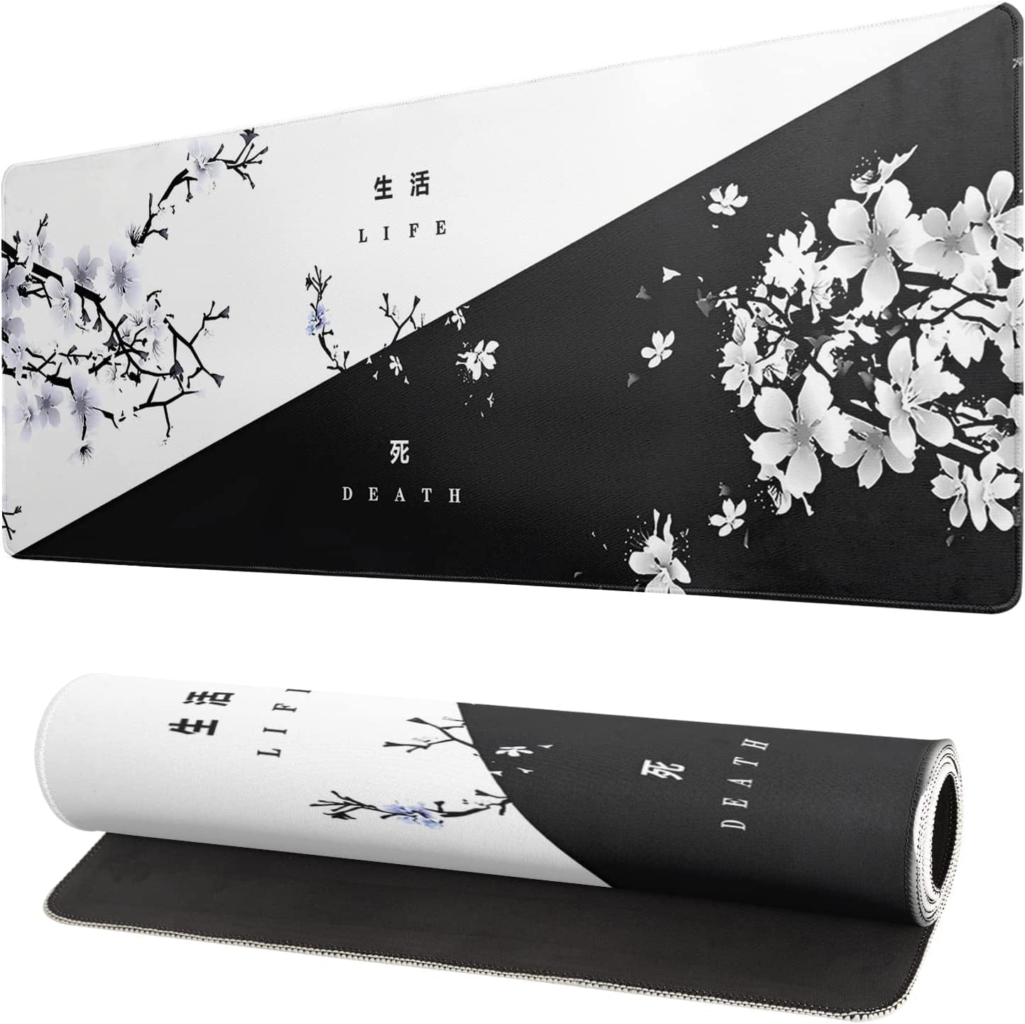 Black and White Japanese Cherry Blossom Gaming Mouse Pad Sakura Death Life Flower Mat 31.5x11.8 Inch Texture Non-Slip...