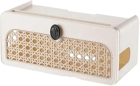 Boho Rattan Cable Management Box with Charging Station, WiFi Router Organizer Box for Desk & Nightstand, Cord Organizer to Hide Wires
