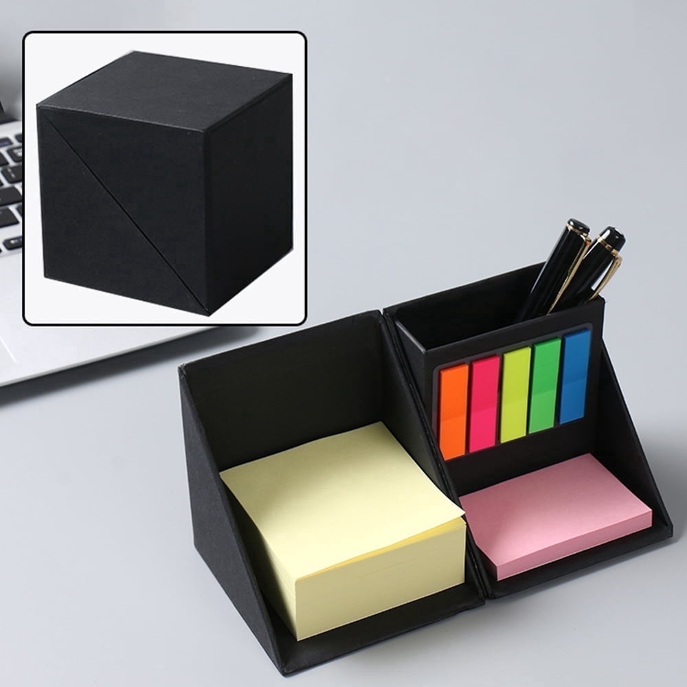 Sticky Note Holder with Multi-Color Self-Stick Notes Set for Desk Organizer, Office Storage, Black