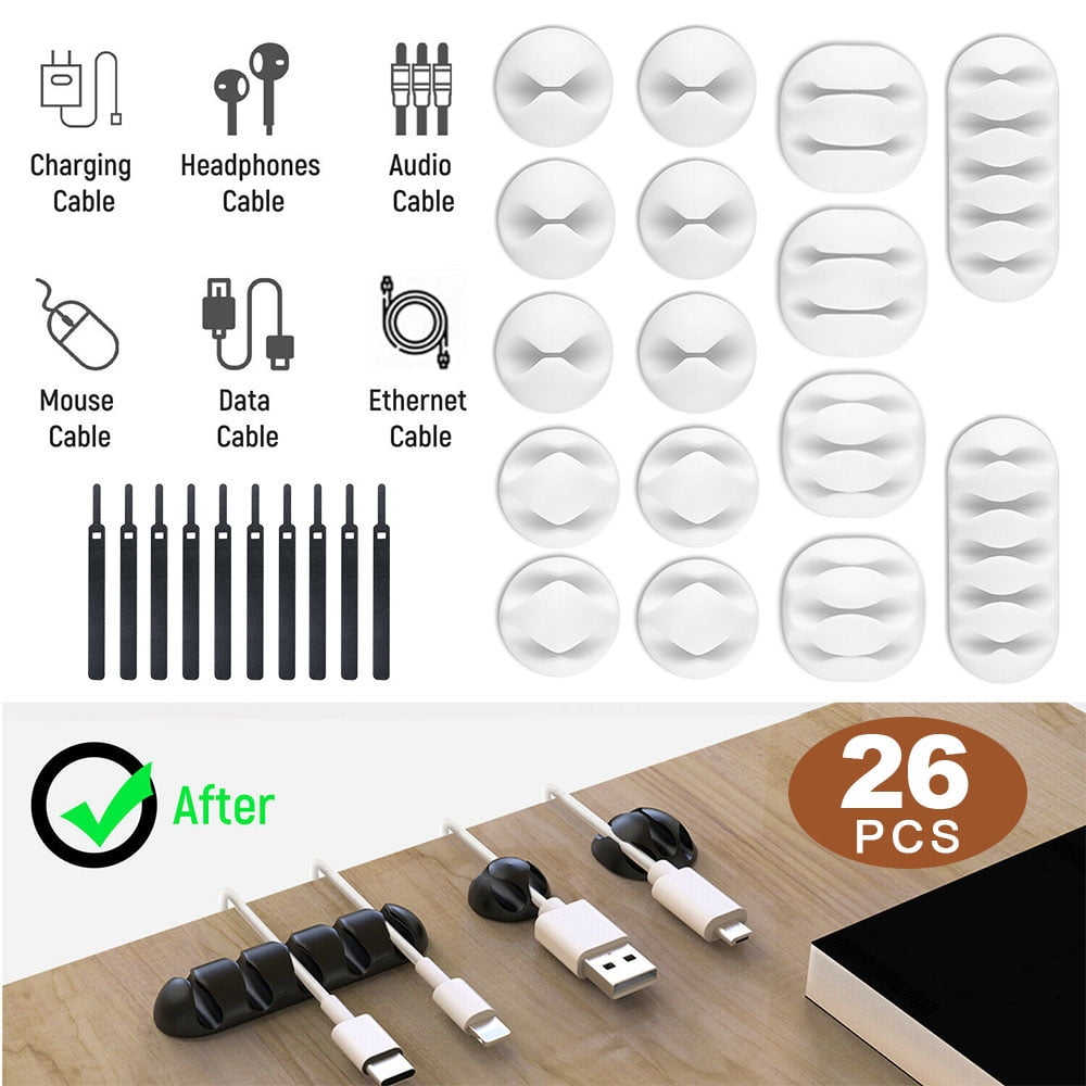 Cable Holder Clips, 26 Pcs Cable Management Cord Organizer Clips Silicone Self Adhesive Kit for Desktop USB Charging Cable Power Cord Mouse