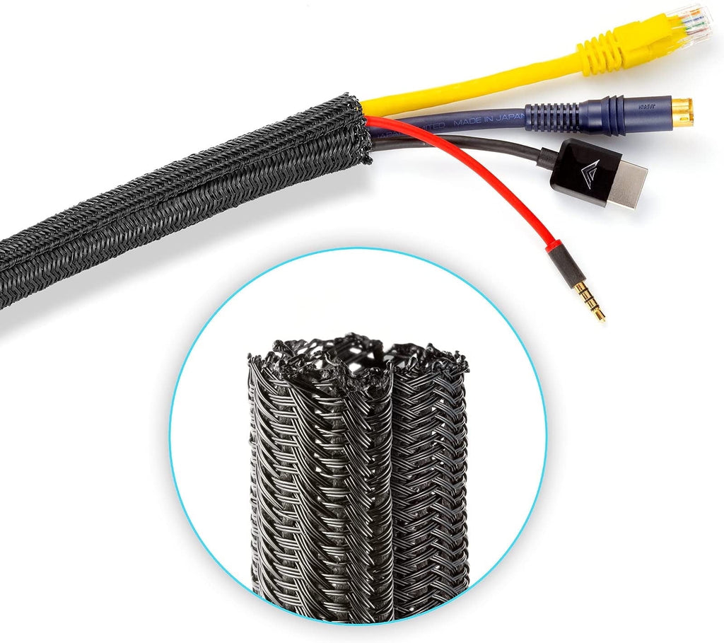 Cable Management, 12 ft Long, 1/4 in. Wide, Braided Cable Sleeve, Wire Loom Split Sleeving for Power Audio and Video Cable Desk Organizer, B