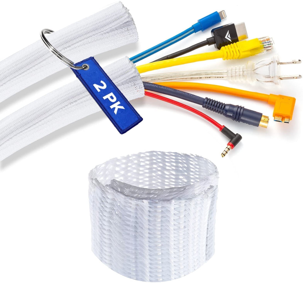 Cable Management, 6 ft Long, 1 in. Wide, Braided Cable Sleeve, Wire Loom Split Sleeving for Power Audio and Video Cable Desk Organizer, Whit
