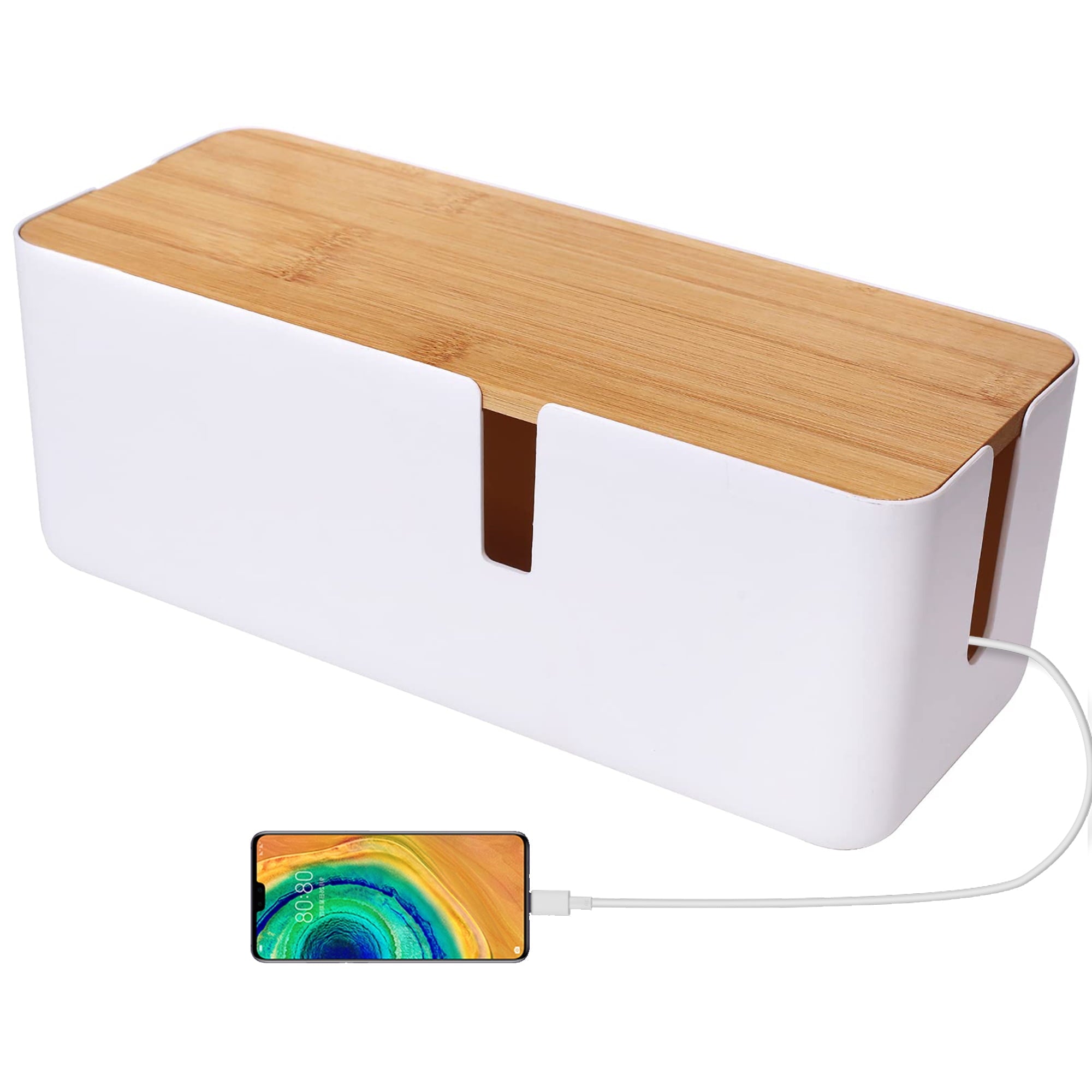 Cable Management Box - 12x5x4.5 inches, Cable Cover & Wood Lid, Cord Organizer for Desk TV Computer USB Hub System to Cover and Hide & Power
