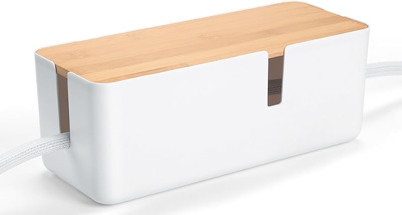 Cable Management Box with Bamboo Lid, White Cable Box Small Cord Hider Box Cord Organizer Box to Conceal Surge Protec...
