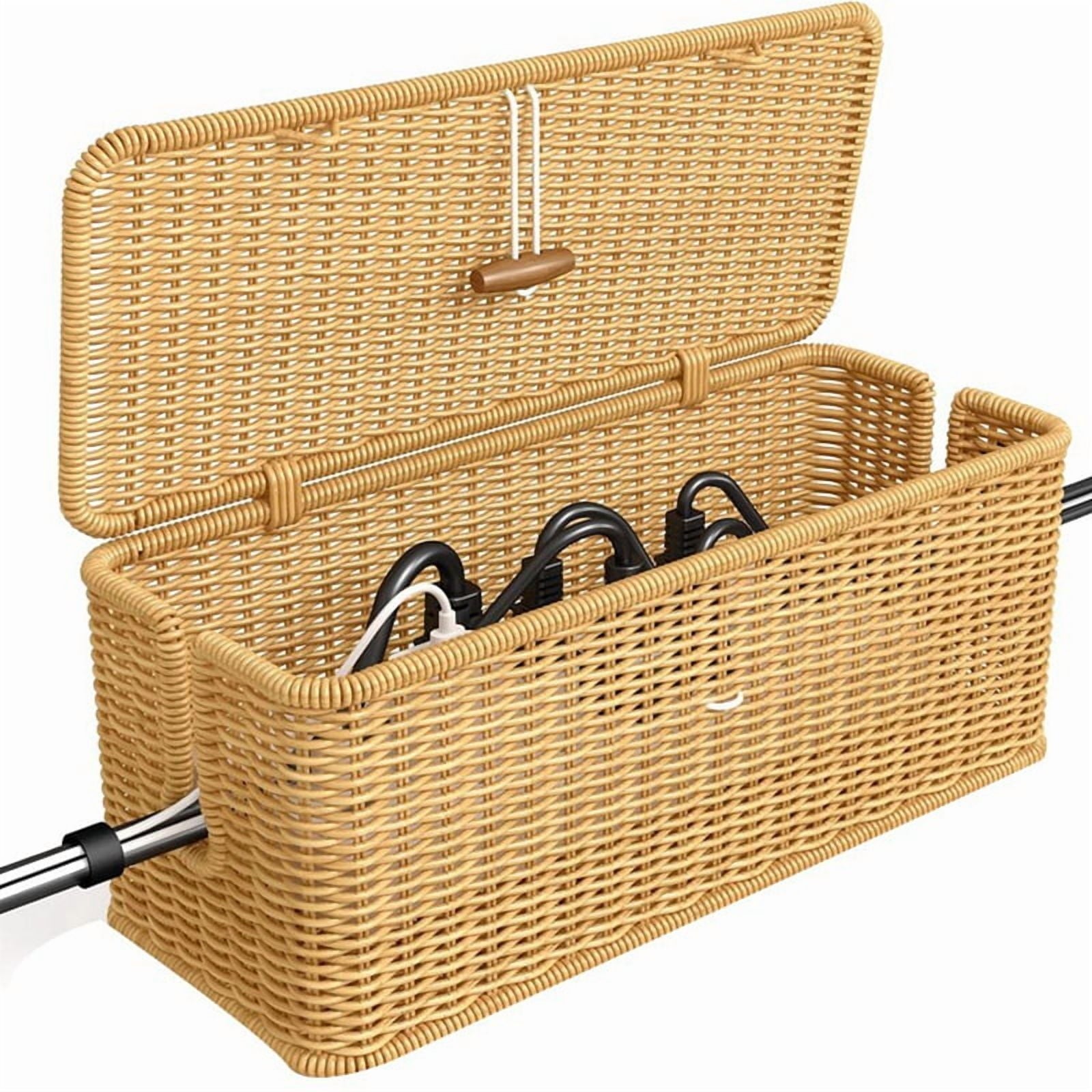 Cable Management Box, Power Strip Organizer with Locked Cover,Handmade Rattan Cords Hider,Cord
