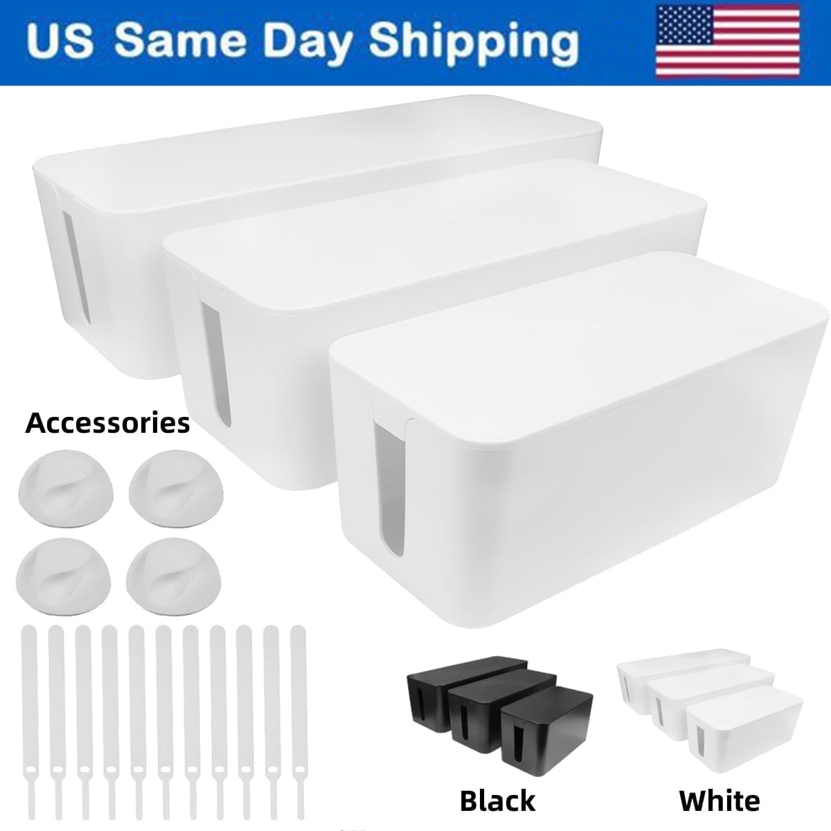 Cable Management Box Set Organizer 3 Size to Hide Wires Power Strips Electrical Cord - White