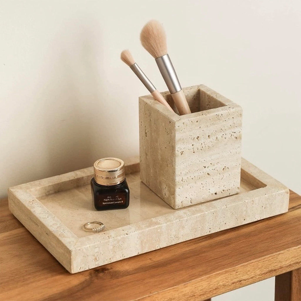 Calacatta Viola Marble Pen Holder, Natural Stone Desk Organizer with Non-Slip Base for Makeup Brushes, Makeup Organizer, Office Supplies Sto