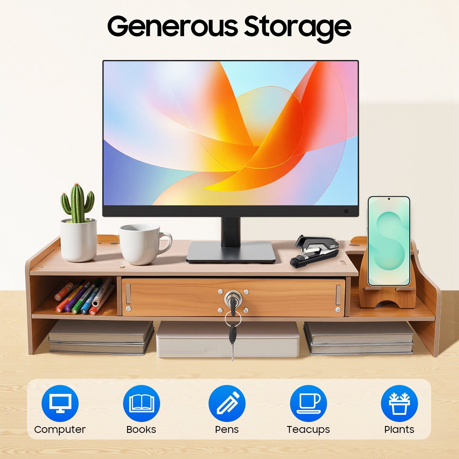 Computer Rack with Lockable Drawer,Space-Saving MDF Riser Computer Monitor Stand, Home/Office Desk Organizer