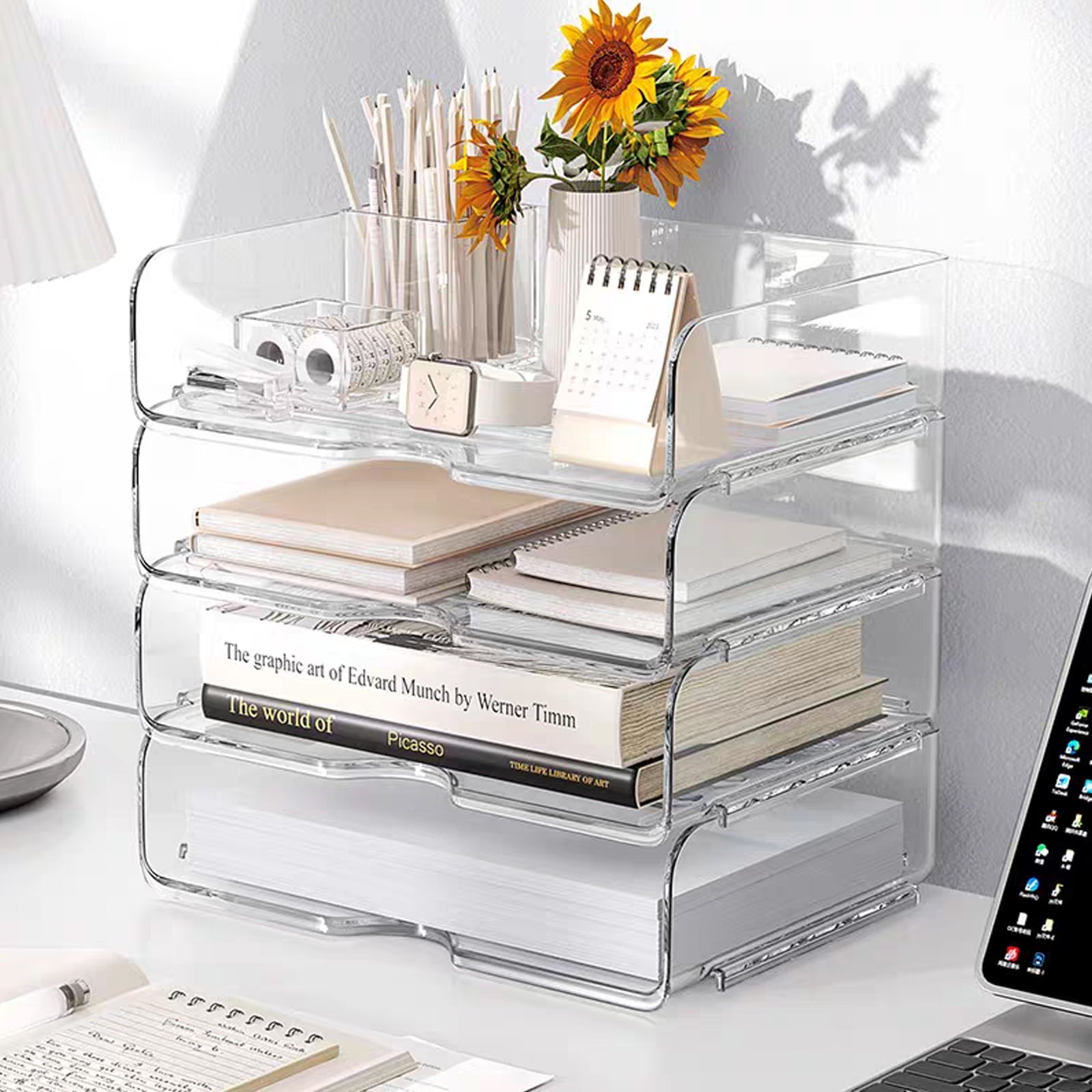 Clear Stackable Paper Trays 4 Pack, Desktop Racks with 4 File Bags, PET Clear Desk Letter Tray Set, Stackable Desk Or...