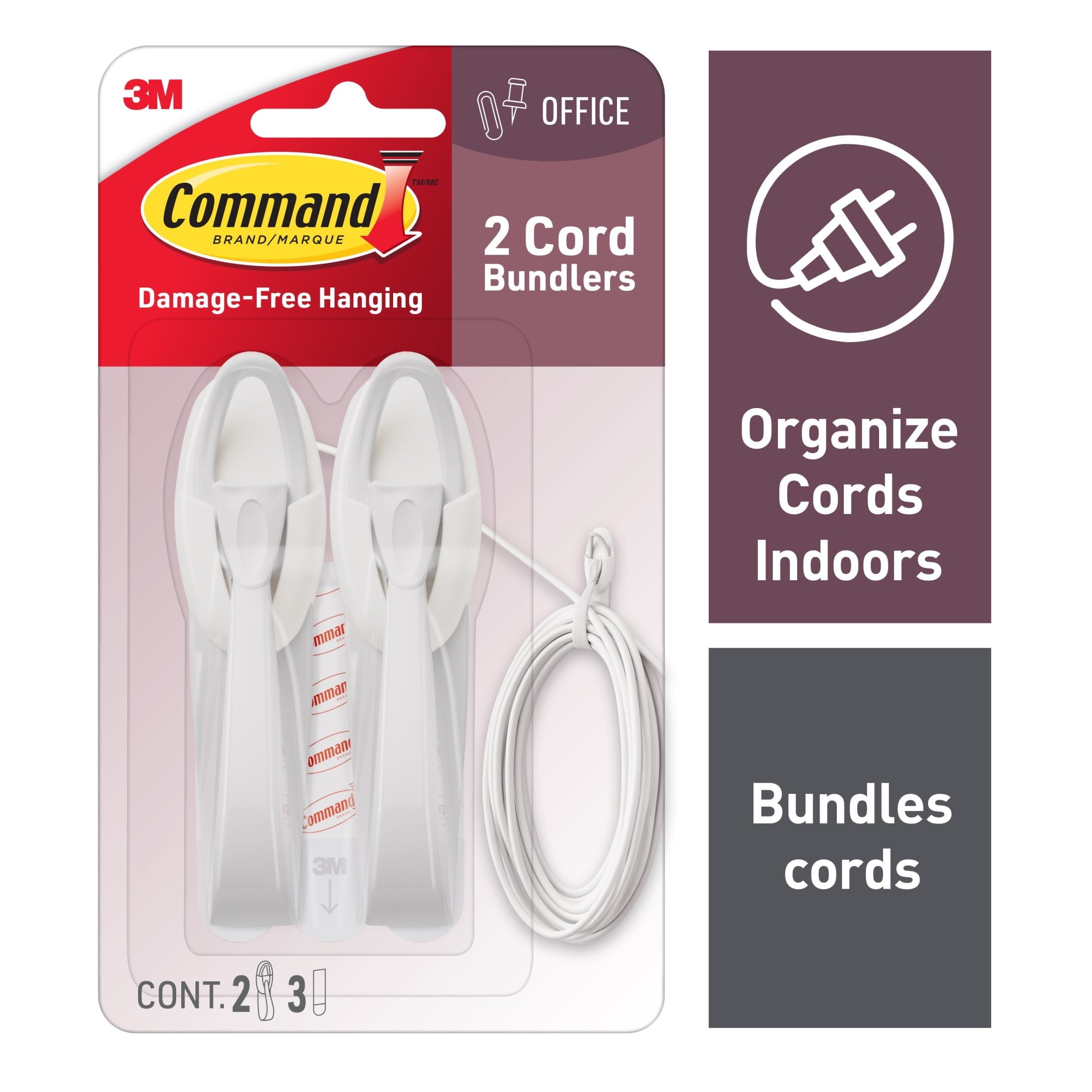 Cord Bundlers, White, 2 Cable Bundlers, 3 Adhesive Strips
