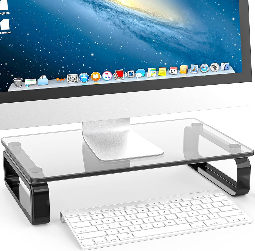 Computer Monitor Stand Riser Multi Media Desktop Stand for Flat Screen LCD LED TV, Laptop/Notebook, with Tempered Glass and Metal Legs, Blac