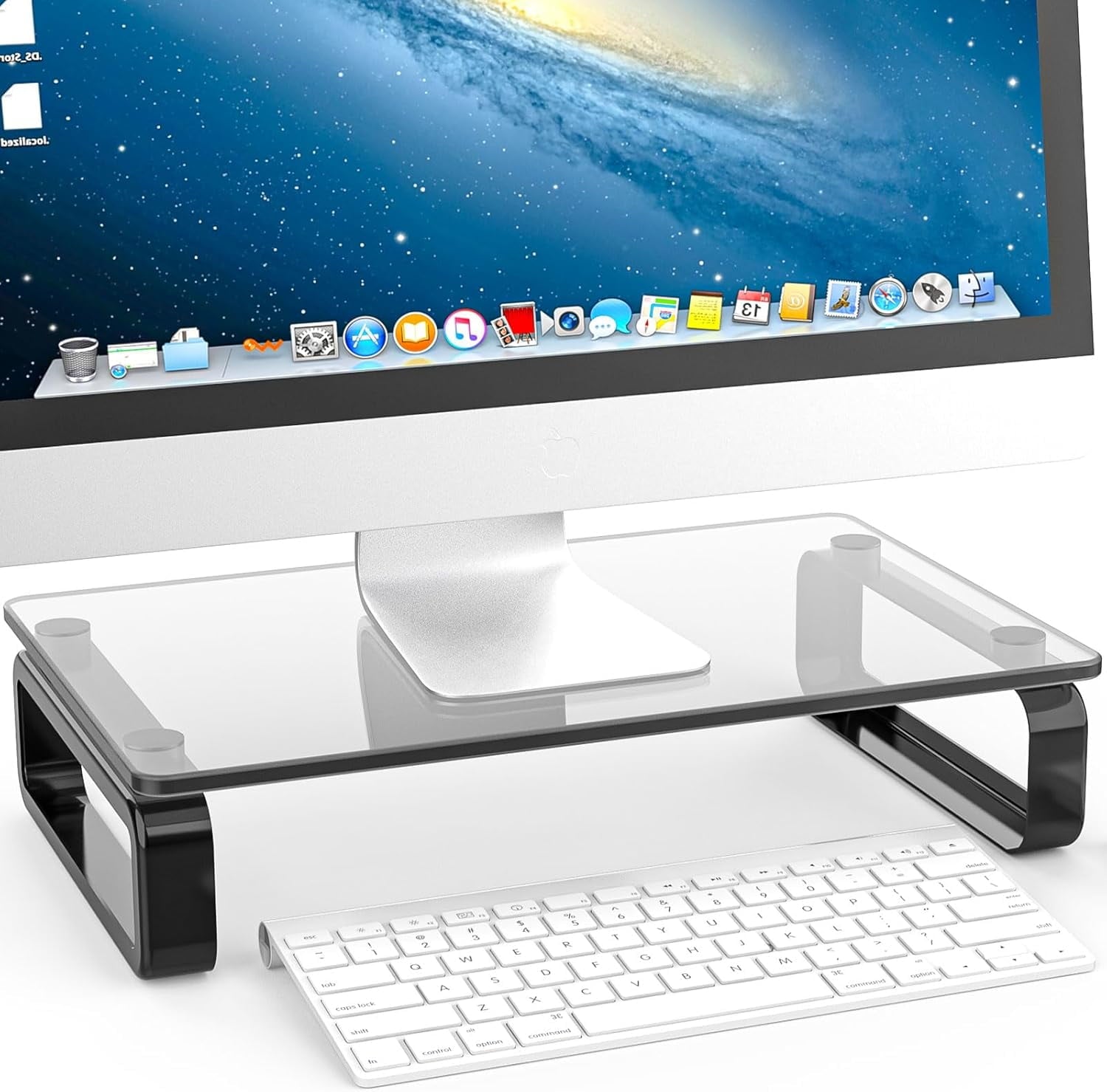 Computer Monitor Stand Riser Multi Media Desktop Stand for Flat Screen LCD LED TV, Laptop/Notebook, with Tempered Glass and Metal Legs, Blac