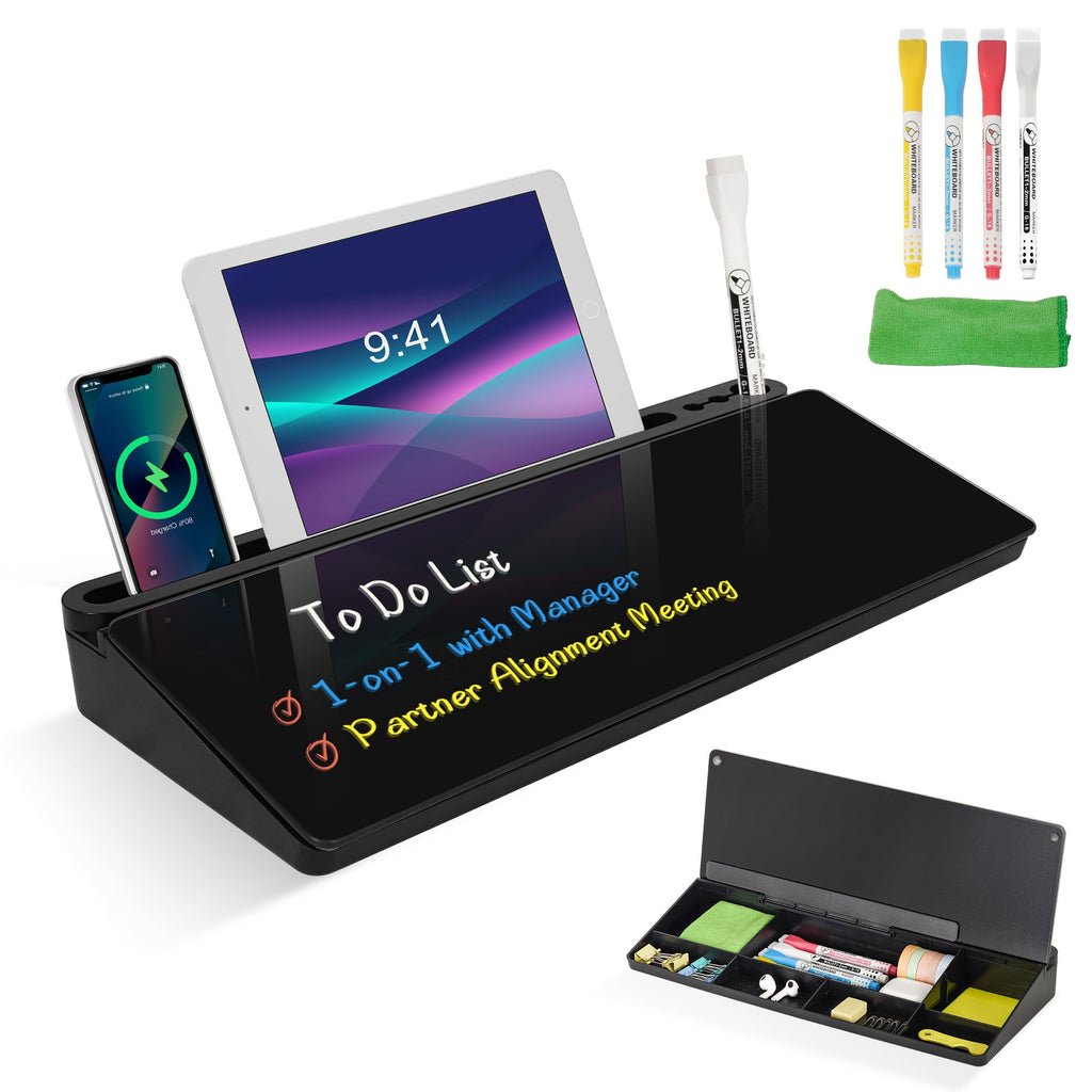 White Board with Computer Keyboard Stand, top Glass Whiteboard with Storage, Black Dry Erase Board with Drawers for H...