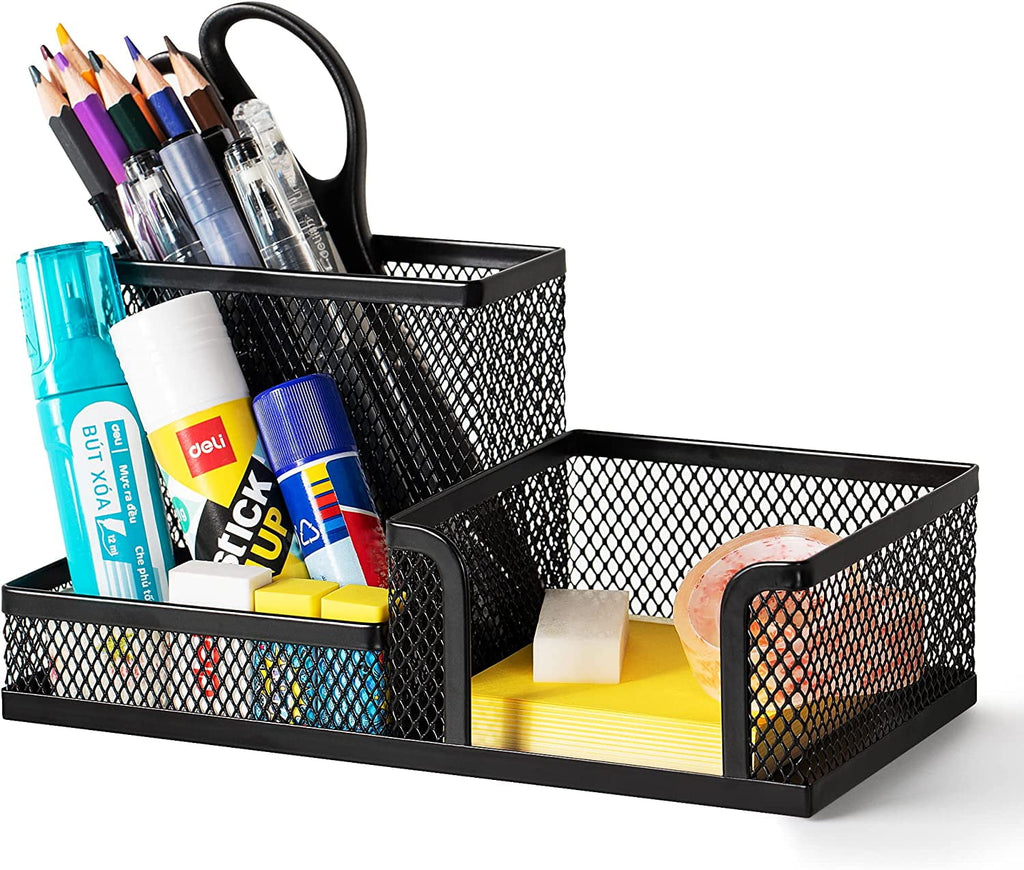 3-Compartments Organizer with Pencil Holder, Black