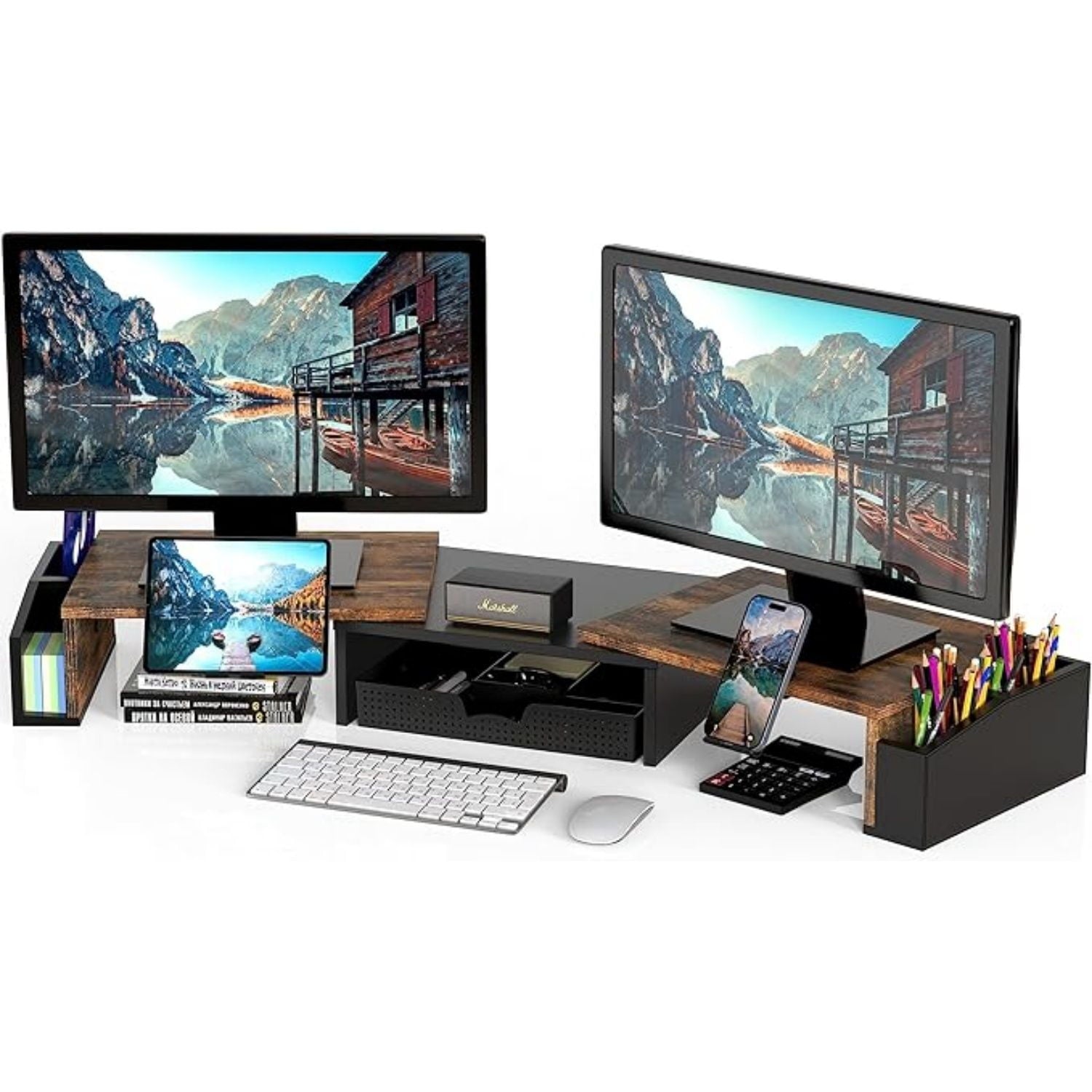 Desk Dual Monitor Stand Riser with Drawer, Rustic Brown