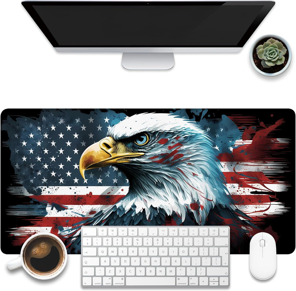 Desk Mat, Bald Eagle American Flag Desk Pad, USA Flag Large Gaming Mouse Pad for Desk, 31.5"x15.7" Extended Big Compu...
