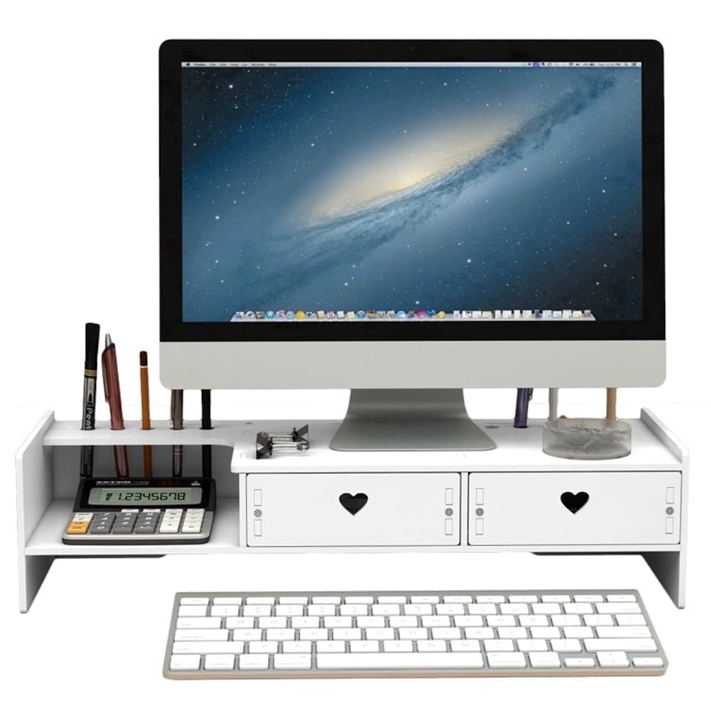 Desk Monitor Stand Riser with Organizer Tray, Desktop Shelf with Two Drawer, White