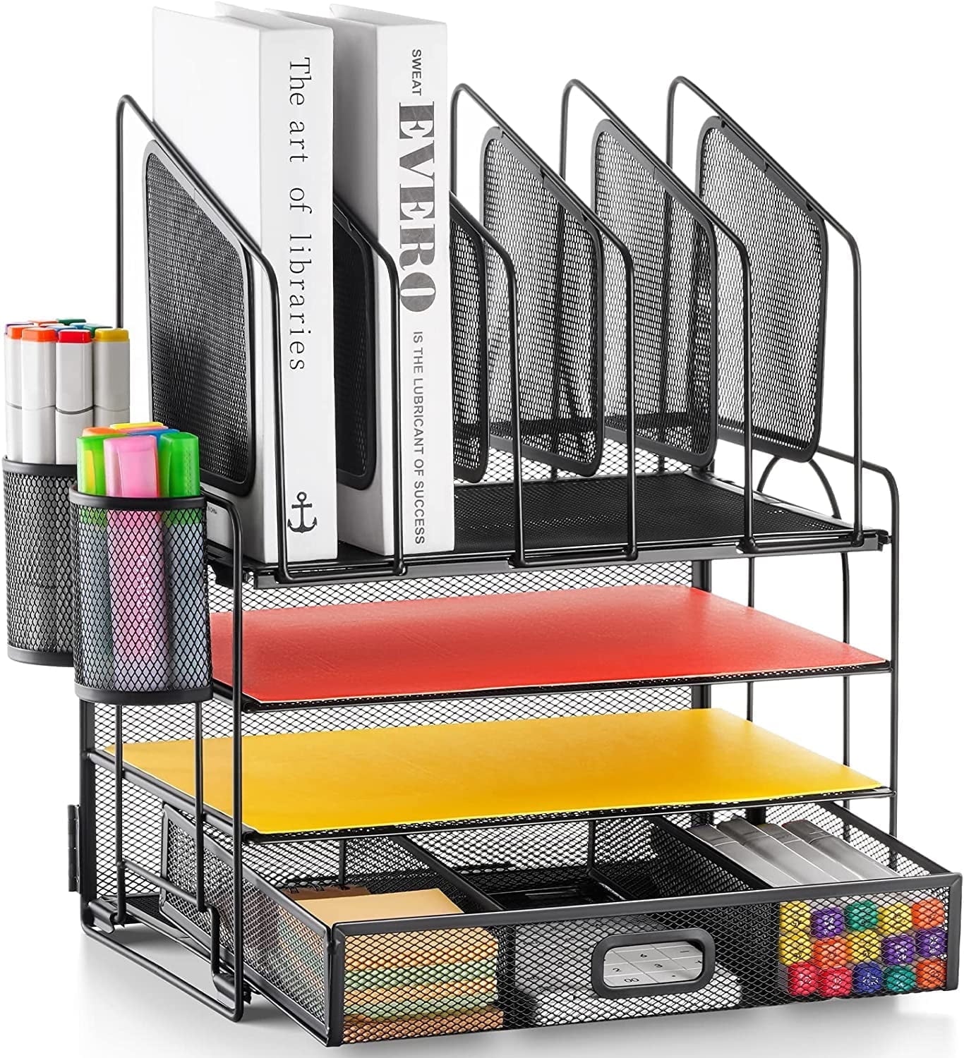 with Drawer, 4-Tier Mesh File with 5 Vertical File Holders and 2 Pen Holders, Multifunction top , s and Accessories f...