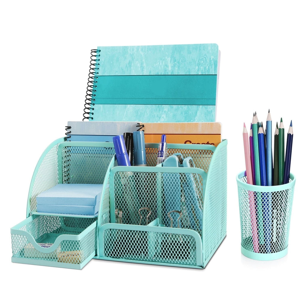 Desk Organizer Office Supplies Accessories Desktop Tabletop Sorter Shelf Pencil Holder Caddy Set - Metal Mesh with Drawer and 6 Compartments
