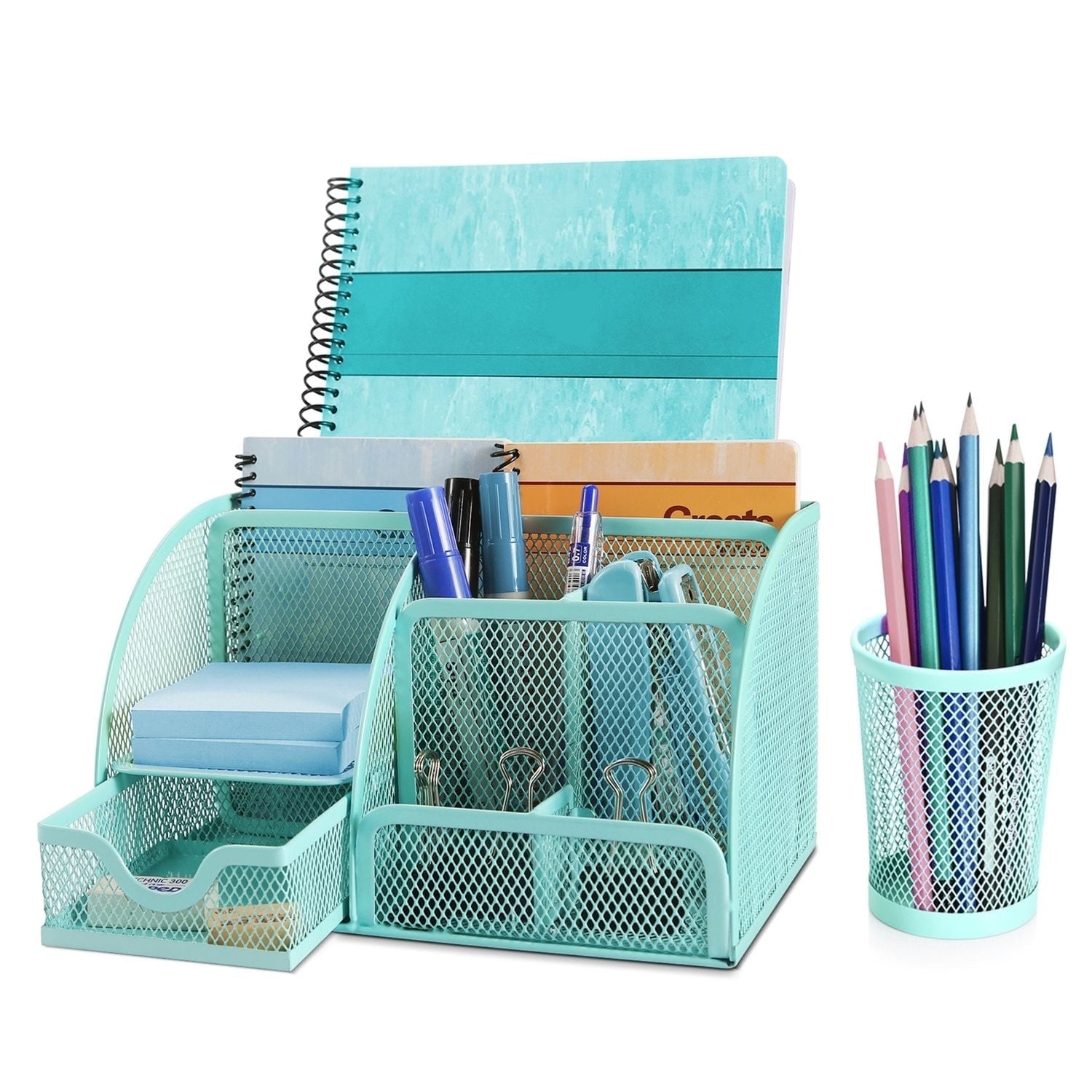 Desk Organizer Office Supplies Accessories Desktop Tabletop Sorter Shelf Pencil Holder Caddy Set - Metal Mesh with Drawer and 6 Compartments