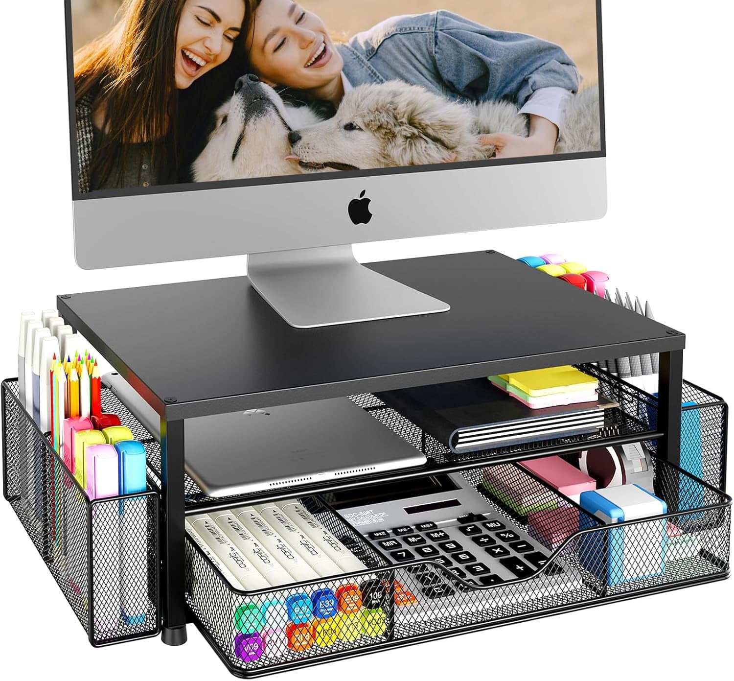 and Accessories, 2-Tier Computer Monitor Stand Riser with Drawer and 2 Pen Holders, Office Accessories for Office Sup...