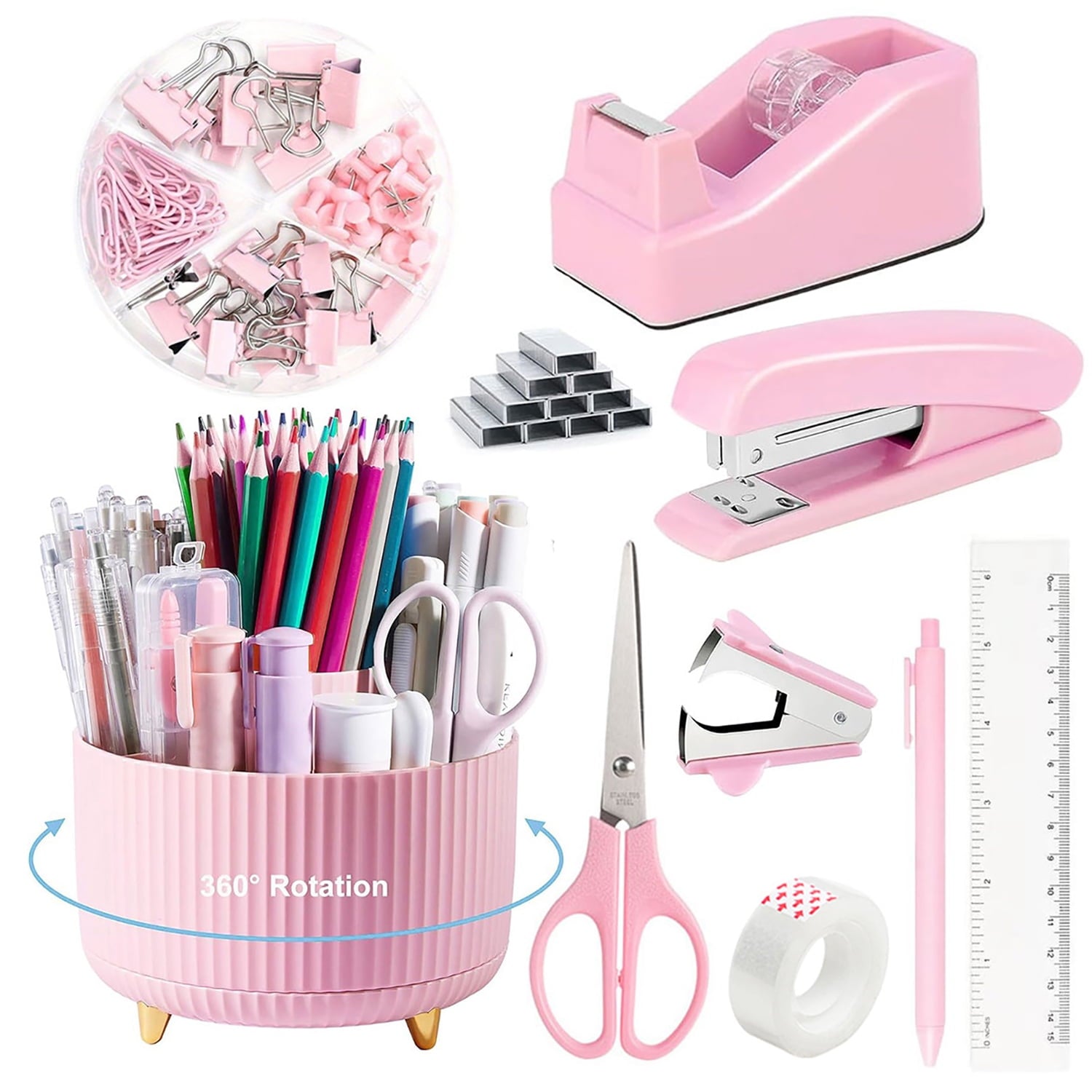 Desk Organizers and Accessories, 10 Pcs Set with 360-Degree Rotating Pen Holder, Tape Dispenser, Stapler, Staple Remover, 1000 Staples, Tape