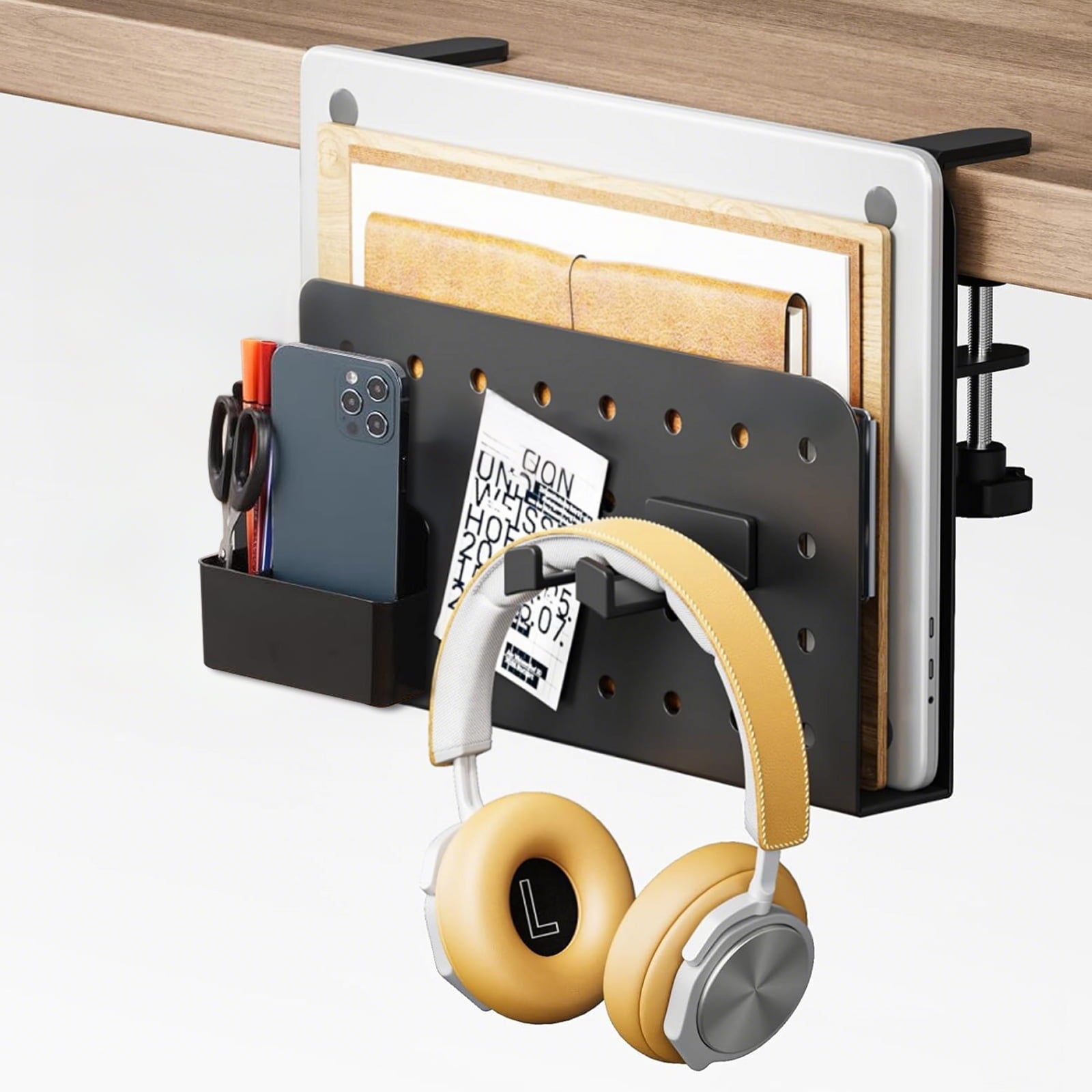 Desk Side Storage Organizer, No Drill Under Desk Laptop Holder, Clamp on Desks Shelf with Pegboard Accessories, Hanging Laptop Mount, Fits F