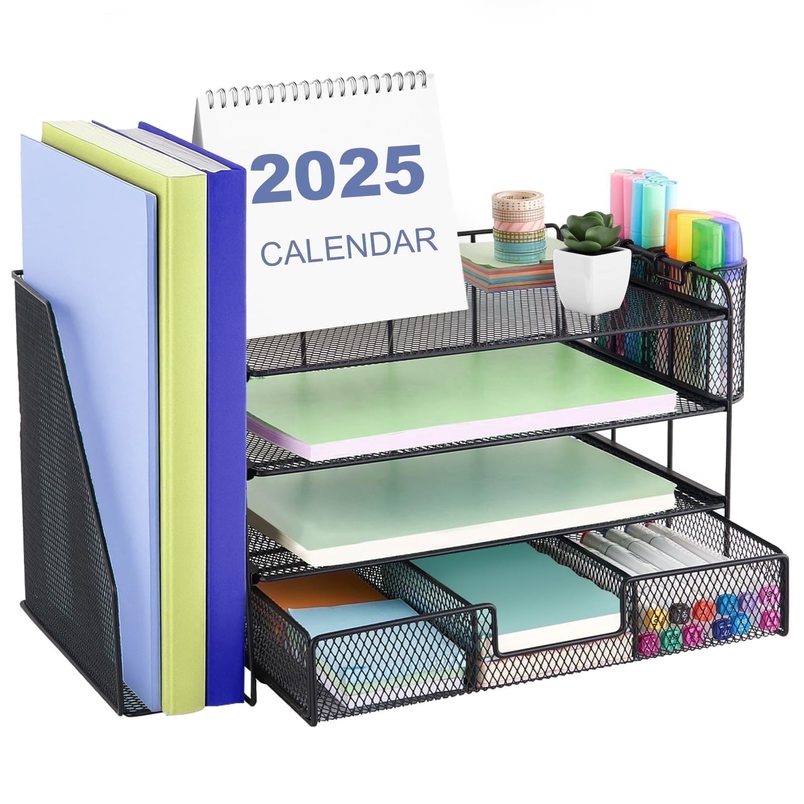 4-Tier Metal Vertical Countertop Desk Organizer comes with (2) Pen Cups, (1) Drawer & (1) File Holder, Black