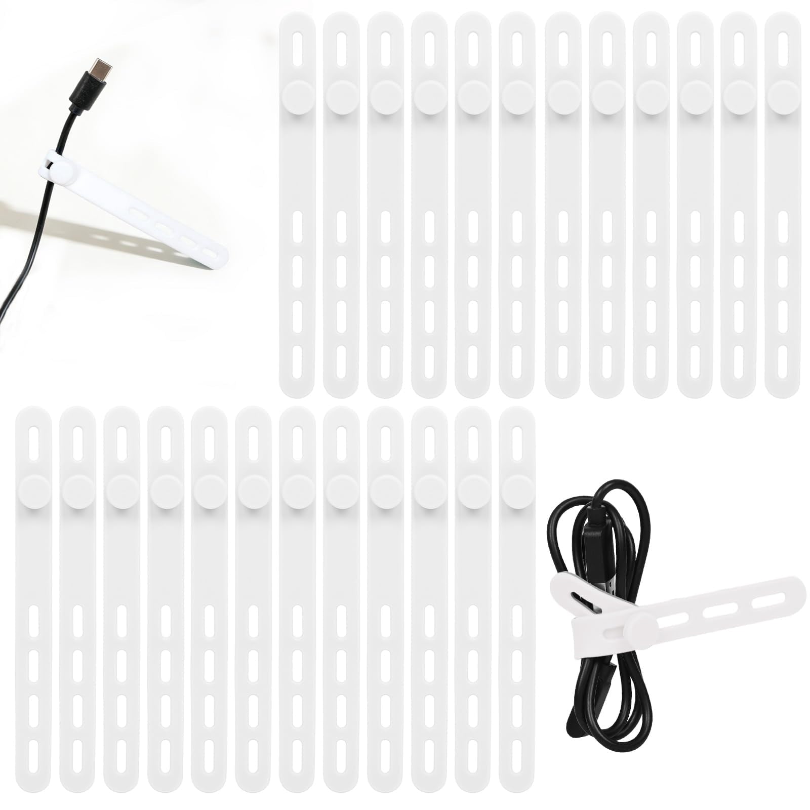 24Pcs Silicone Cable Ties - Reusable & Washable with Locking Buckles, Adjustable Fastening Cable Management Straps, M...