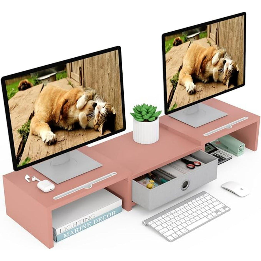 Dual 3 Shelf Computer Riser with Drawer, Adjustable Length and Angle, Desktop 2 Monitor Stand Storage Organizer
