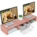 Dual 3 Shelf Computer Riser with Drawer, Adjustable Length and Angle, Desktop 2 Monitor Stand Storage Organizer