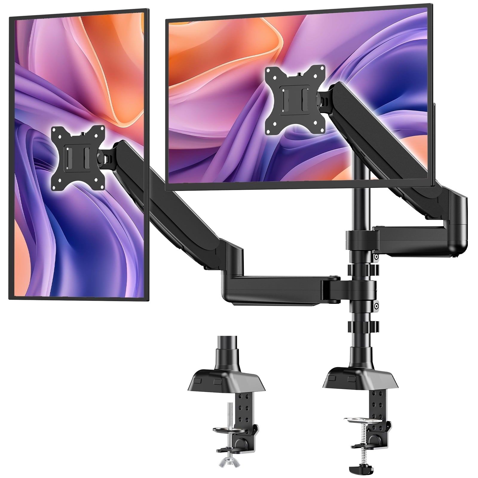 Dual Monitor Stand - Full Adjustable Monitor Desk Mount Swivel Vesa Bracket with C Clamp, Grommet Mounting Base for 13 to 32 Inch Computer S