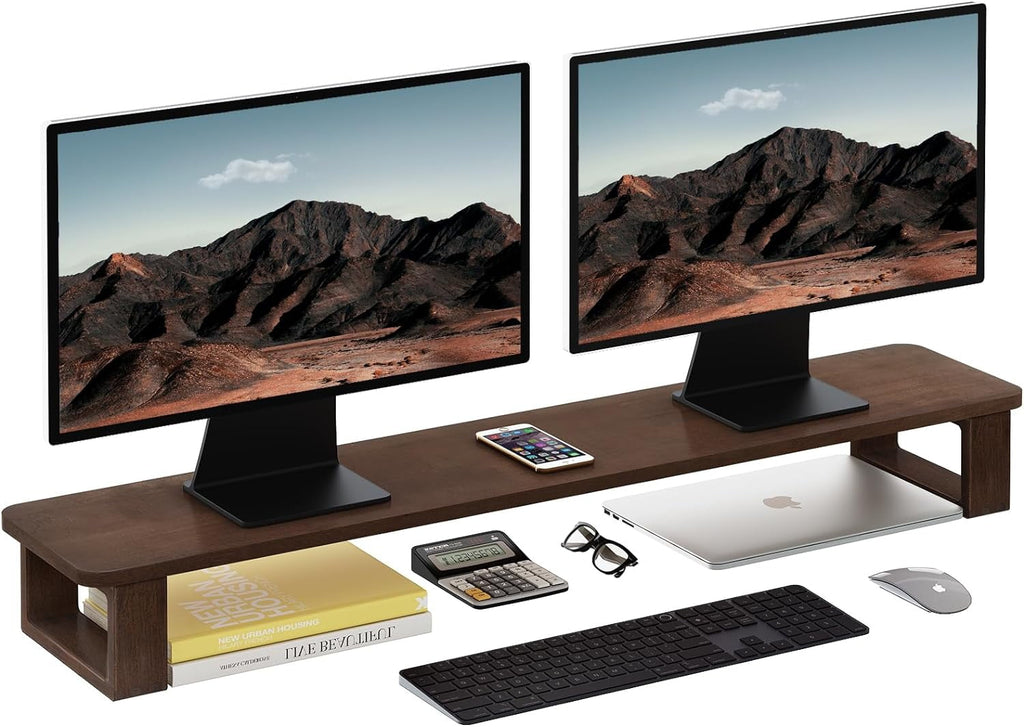 Dual Monitor Stand Riser 2 Heights Adjustable Wood Computer Monitor Stand Desktop Organizer, Large Monitor Stand for 2 Monitors, Laptop, TV,