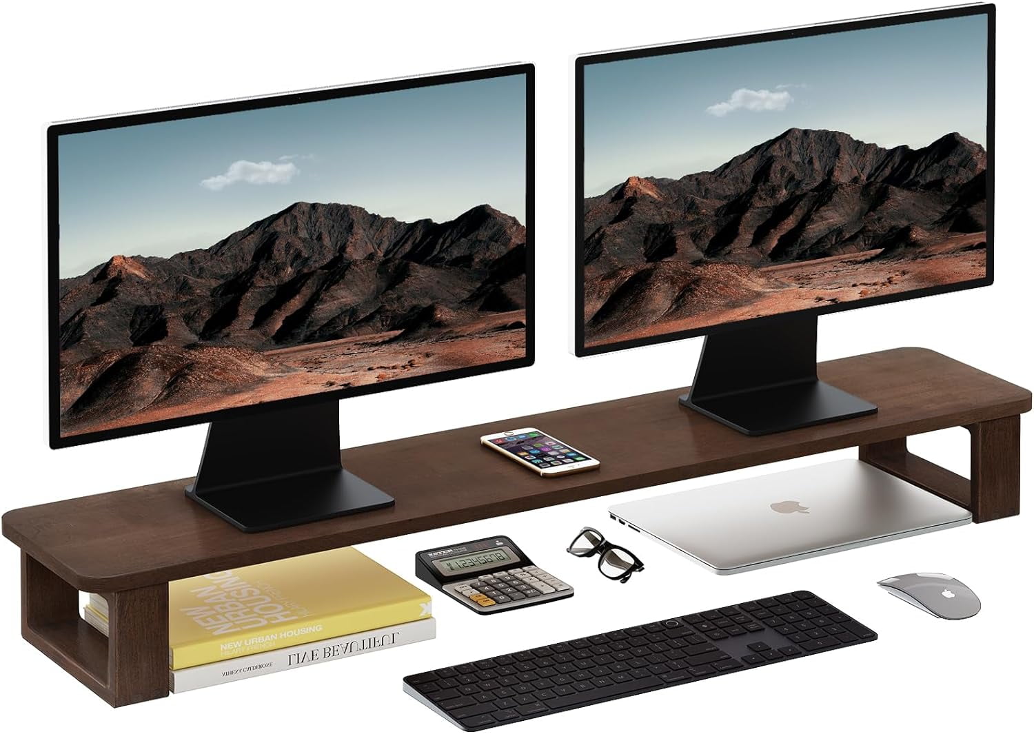 Dual Monitor Stand Riser 2 Heights Adjustable Wood Computer Monitor Stand Desktop Organizer, Large Monitor Stand for 2 Monitors, Laptop, TV,