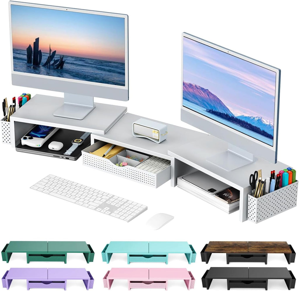 Riser, Desk Organizer With Drawer and 2 Pen Holders, for Desk, Office Decor Essentials (White)