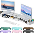 Riser, Desk Organizer With Drawer and 2 Pen Holders, for Desk, Office Decor Essentials (White)