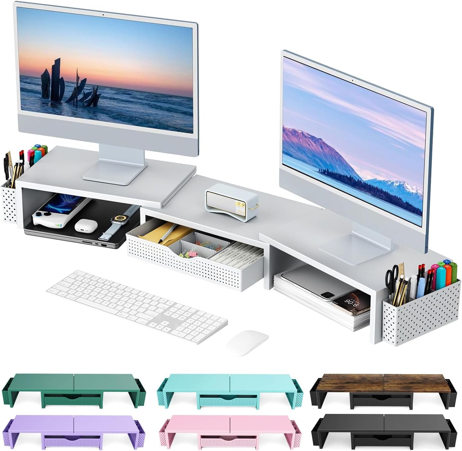 Riser, Desk Organizer With Drawer and 2 Pen Holders, for Desk, Office Decor Essentials (White)