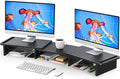 Dual Monitor Stand Riser, Monitor Stand with Adjustable Length and Angle, Wood Monitor Stand for Desk, Monitor Riser for 2 Monitors with Sto